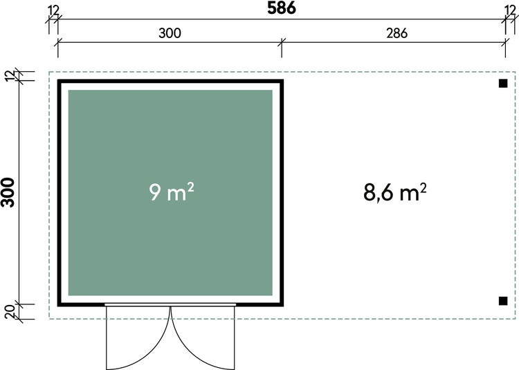 Grundrisszeichnung eines Gartenhauses mit Terrasse mit einer Gesamtflaeche von 17,6 Quadratmetern und detaillierten Bemaßungen in Zentimetern.