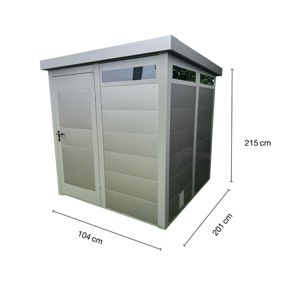 Gartenschrank mit Tür und Fenster, 215 cm hoch, 104 cm breit und 201 cm tief