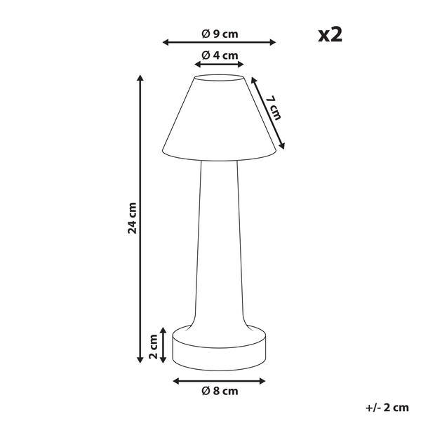 Abmessungen Tischleuchte, Durchmesser Lampenschirm oben 9 cm, Durchmesser Lampenschirm unten 4 cm, Höhe Lampenschirm 7 cm, Höhe Lampe 24 cm, Durchmesser Lampenfuss 8 cm, Höhe Lampenfuss 2 cm, Mengenangabe 2 Stück