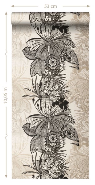 Origin Wallcoverings Tapete Blumen Schwarz und Beige - 52 cm x 10,05 m - 307133