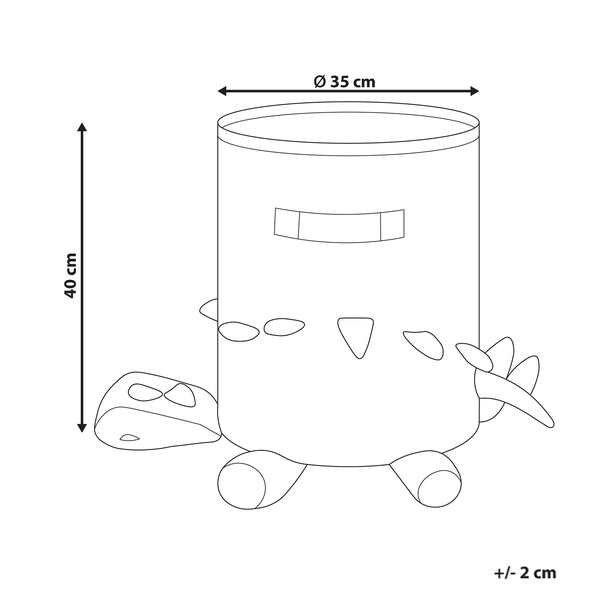 Darstellung eines zylinderförmigen Kinderzimmer-Aufbewahrungskorbs mit Dinosaurier-Motiv und den Maßen circa 40 cm Höhe und 35 cm Durchmesser