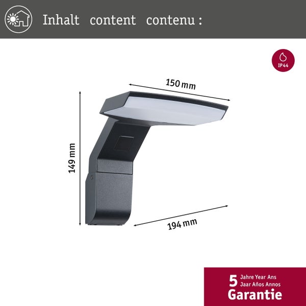 Abmessungen einer grauen Wandleuchte mit Schutzart IP44 und fünf Jahren Garantie