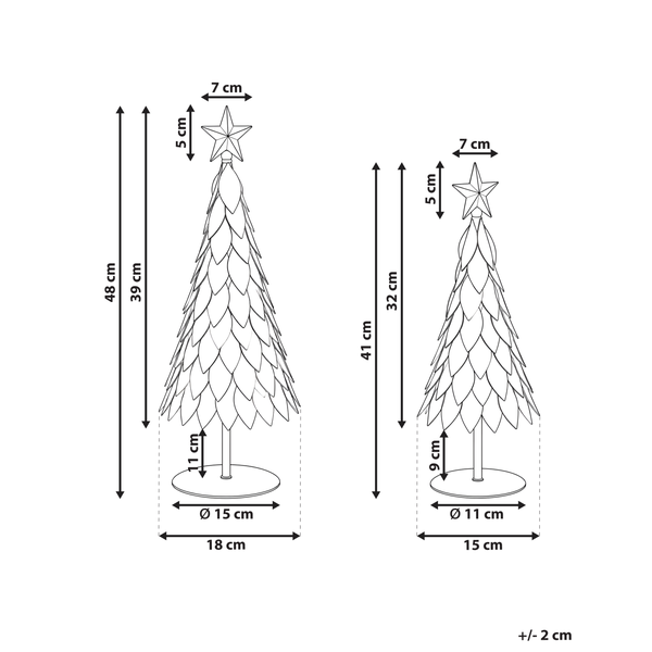 Maßzeichnung von zwei Weihnachtsbaum Dekofiguren mit Sternspitze und runden Sockeln inklusive Bemaßungen in Zentimetern.