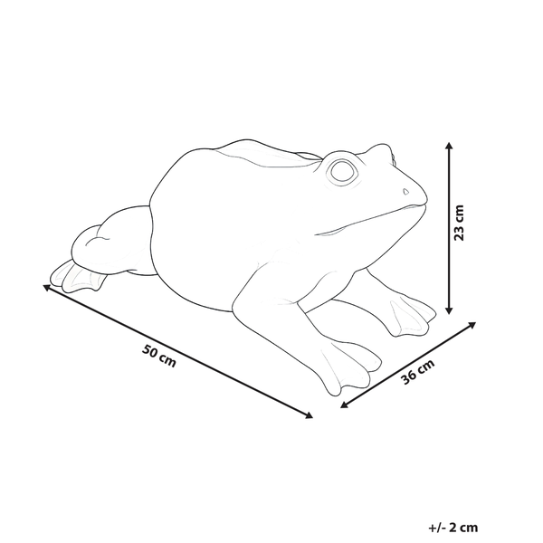 Skizze einer Gartenfigur Frosch mit Maßen: Länge 50 Zentimeter, Breite 36 Zentimeter, Höhe 23 Zentimeter, Abweichung plus minus 2 Zentimeter.