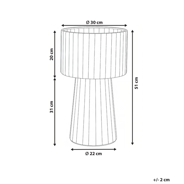 Technische Zeichnung eines geriffelten Objekts mit Maßen: Höhe 51 Zentimeter, Durchmesser oben 30 Zentimeter, Durchmesser unten 22 Zentimeter.