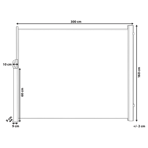 Abmessungen einer seitlichen Markise: 300 cm breit und 160 cm hoch
