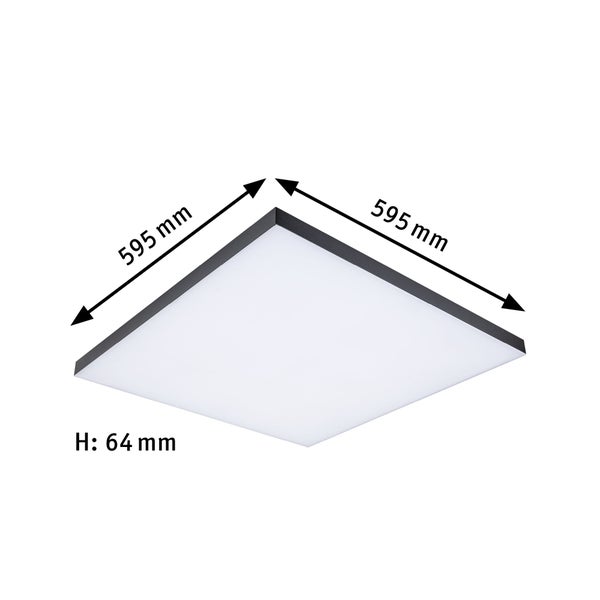 Quadratische LED Deckenleuchte mit den Maßen 595 mm x 595 mm x 64 mm.
