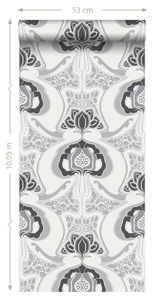 Origin Wallcoverings Tapete Jugendstil-Blumenmuster Schwarz und Grau - 53 cm x 10.05 m - 347209