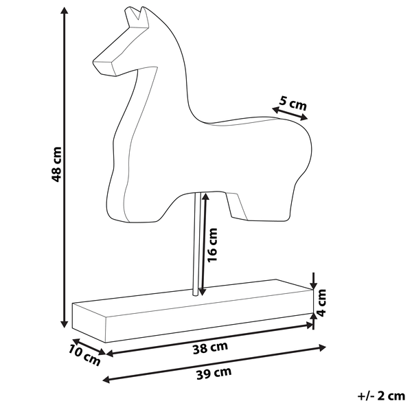 Abbildung mit Maßangaben eines Dekoration Pferdes auf einem Sockel.