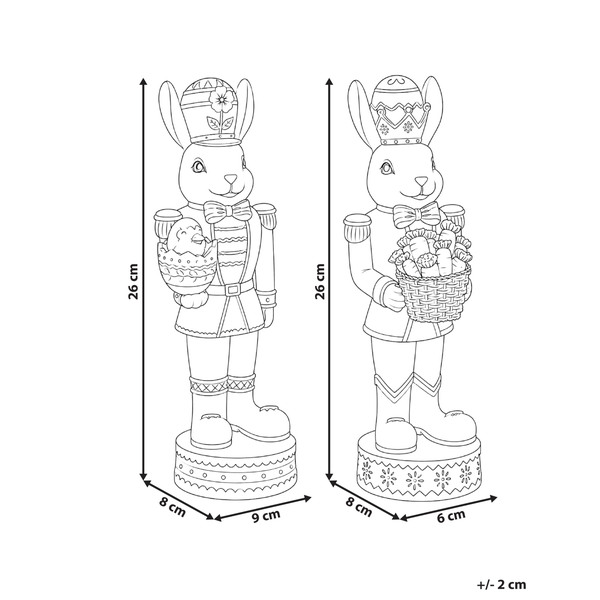 Maßzeichnung von zwei Osterhasen-Nussknackern mit Höhen von 26 Zentimeter und Breiten von 9 Zentimeter beziehungsweise 6 Zentimeter.