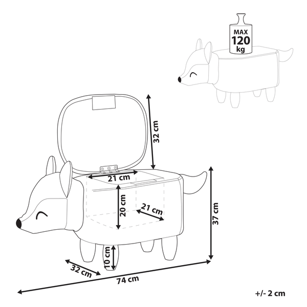 Abmessungen des Fuchses als Sitzhocker mit Stauraum