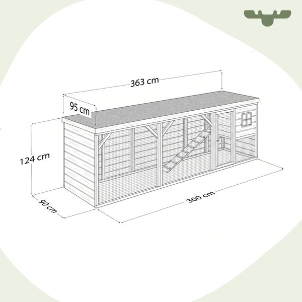 Abbildung des Hühnerstalls mit den Maßen 360 mal 90 mal 124 Zentimeter und einer Dachbreite von 363 mal 95 Zentimeter.