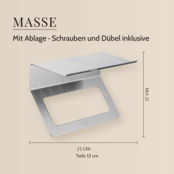 Toilettenpapierhalter mit Ablage aus Edelstahl, inklusive Schrauben und Duebel, Masse 25 mal 17 mal 13 Zentimeter.