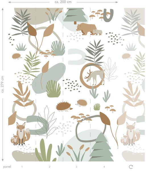 ESTAhome Fototapete Wald mit Waldtieren Graugrün und Beige - 200 x 279 cm - 159256