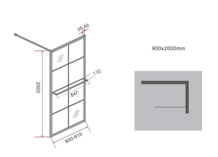 Technische Zeichnung einer Duschwand mit Maßen 900 bis 915 mal 2000 Millimeter
