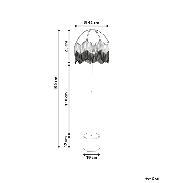 Abmessungen einer Stehlampe: Gesamthöhe 150 cm, Lampenschirmdurchmesser 42 cm, Höhe Lampenschirm 23 cm, Höhe Lampenfuß 17 cm, Durchmesser Lampenfuß 19 cm.