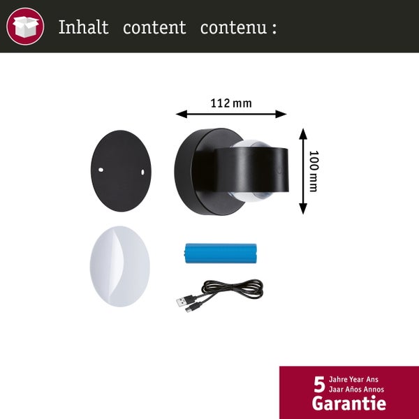 Lieferumfang einer Wandleuchte inklusive Montageplatte, Akku und USB-Kabel mit Maßangaben und fünf Jahre Garantie