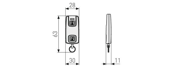 Maßzeichnung einer ABUS Fernbedienung mit einer Höhe von 63 Millimeter, einer Breite von 28 Millimeter und einer Tiefe von 11 Millimeter.