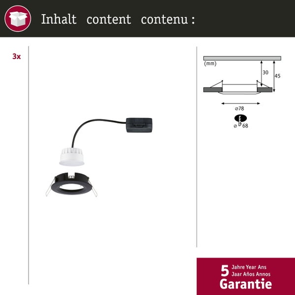 LED Einbauleuchte Nova Coin Basisset starr IP44 rund 78mm Coin 3x6W 3x470lm 230V 2700K Schwarz matt