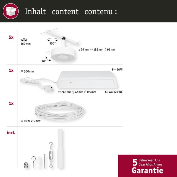 CorDuo LED Seilsystem Circle Basisset 5x180lm 5x5W 3000K 230/12V Weiß matt