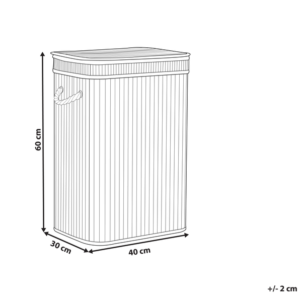 Wäschekorb aus Bambus mit Deckel und Seilgriffen, Maße 60 mal 40 mal 30 Zentimeter.