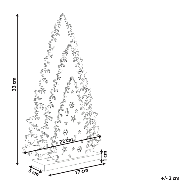 Dekorativer Weihnachtsbaum mit den Maßen 33 cm Höhe, 22 cm Breite, 5 cm Tiefe und 17 cm Länge