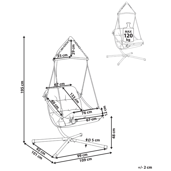 Maßzeichnung eines Hängesessels mit Gestell, maximale Belastung 120 Kilogramm, Höhe 195 Zentimeter, Breite 109 Zentimeter, Tiefe 101 Zentimeter.