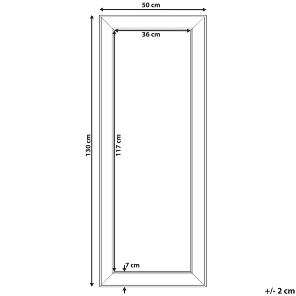 Maßzeichnung Wandspiegel oder Rahmen: Außenmaße 50 mal 130 Zentimeter, Innenmaße 36 mal 117 Zentimeter, Rahmenbreite 7 Zentimeter.