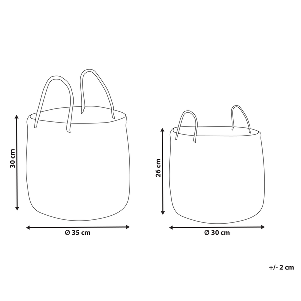 Abmessungen von zwei Körben: 30 Zentimeter hoch, Durchmesser 35 Zentimeter und 26 Zentimeter hoch, Durchmesser 30 Zentimeter