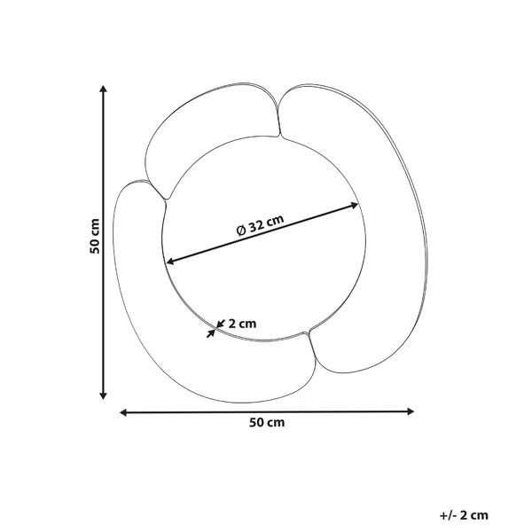 Maßzeichnung: Durchmesser 50 Zentimeter, Innendurchmesser 32 Zentimeter, Stärke 2 Zentimeter, Toleranz plus minus 2 Zentimeter.