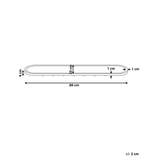 Technische Zeichnung einer länglichen ovalen Leuchte mit Maßangaben von 80 cm Länge, 20 cm Breite und 4 cm Höhe.