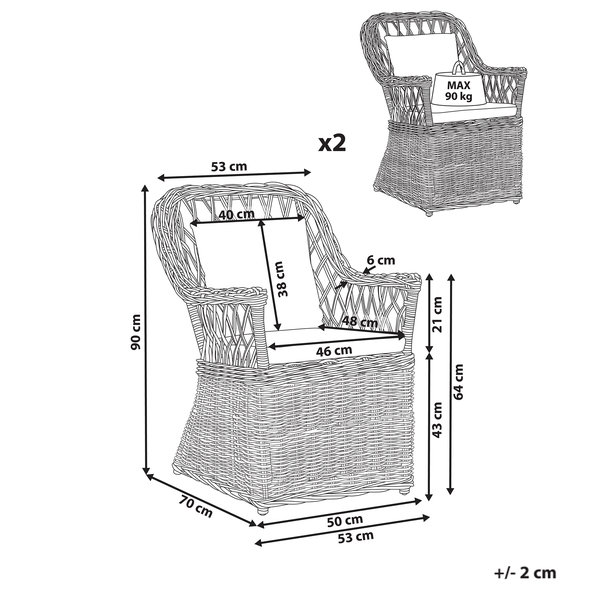 Gartensessel Rattan natürlich 2er Set Auflagen hellbeige MAROS II
