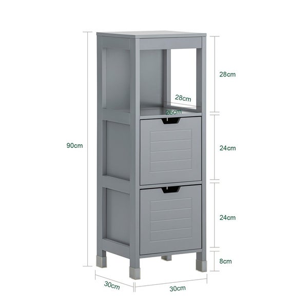 Graues Badezimmerregal mit zwei Schubladen und offenen Fächern, Maße sind angegeben