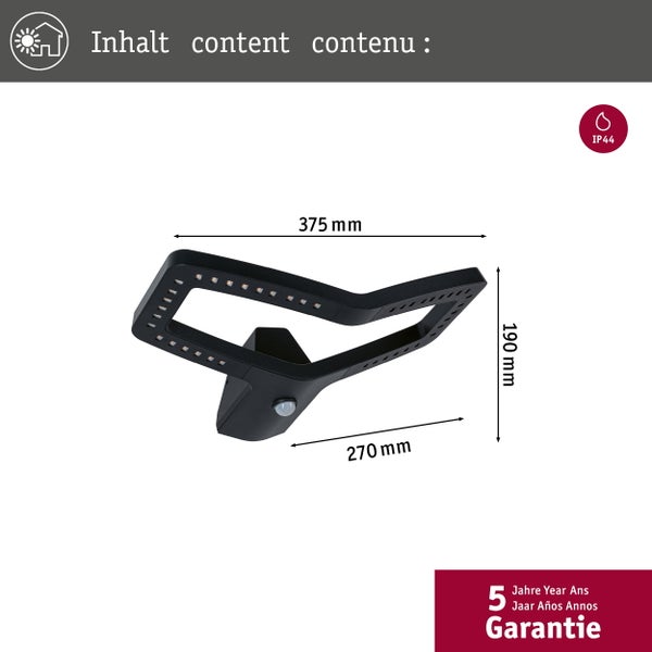 LED-Außenleuchte mit Bewegungsmelder und den Maßen 375 mal 190 mal 270 Millimeter sowie IP44-Schutzart und fünf Jahre Garantie