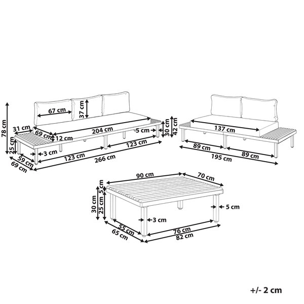 Technische Zeichnung der Maße eines Loungesets bestehend aus einem Sofa, einer Bank und einem Tisch mit Polsterauflagen.