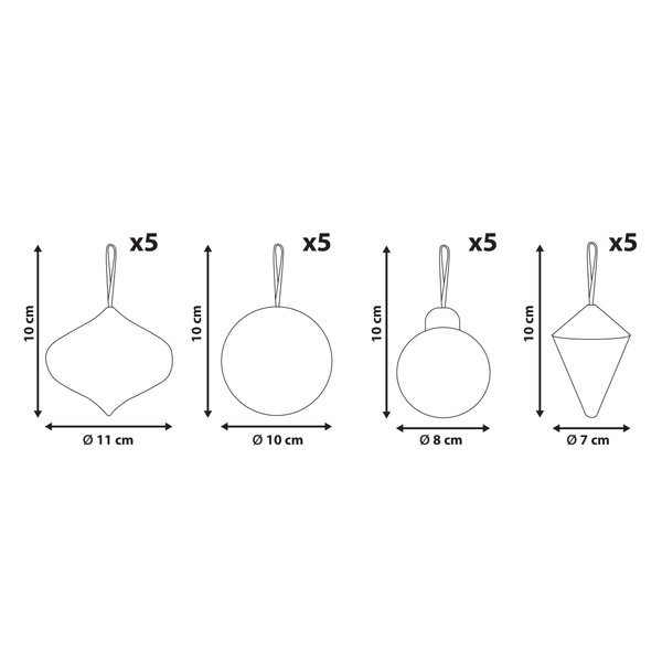 Maßzeichnung von vier Weihnachtsanhängern: Zwiebelform, Kugelformen und Zapfenform, Höhe 10 Zentimeter, Durchmesser von 7 bis 11 Zentimeter. Je 5 Stück.