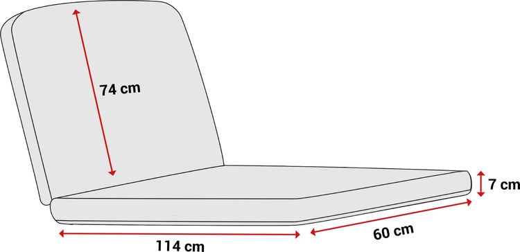 Skizze einer Gartenstuhlauflage mit Maßen: Höhe 74 Zentimeter, Gesamtlänge 114 Zentimeter, Breite 60 Zentimeter und Dicke 7 Zentimeter.