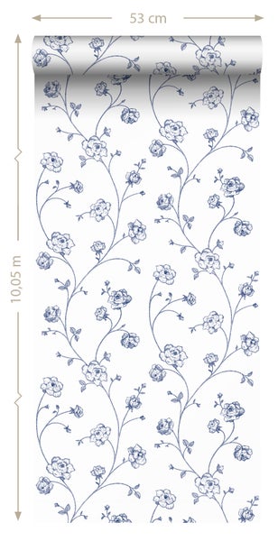 ESTAhome Tapete Toile de Jouy Rosen Weiß und Blau - 53 cm x 10.05 m - 139300