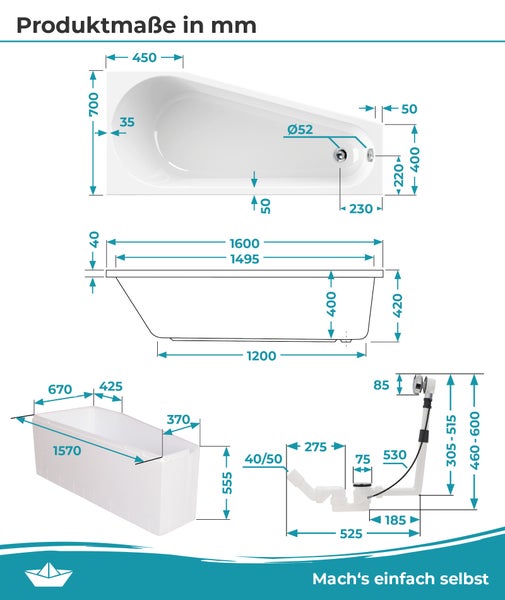 Produktmaße in Millimeter für eine asymmetrische Badewanne, einen Wannenträger und eine Ablaufgarnitur mit detaillierten Längen und Breitenangaben.
