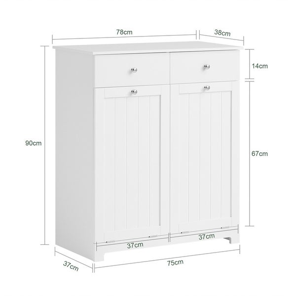Abmessungen eines weißen Badezimmerschranks mit Schubladen und Türen