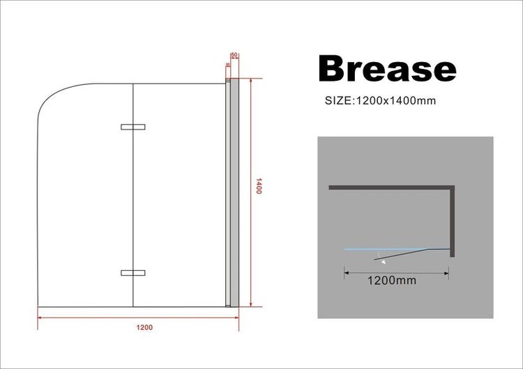 Technische Zeichnung einer Duschkabine mit Maßangaben 1200 x 1400 Millimeter