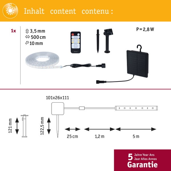 Packungsinhalt der LED-Lichterkette mit Fernbedienung, Erdspieß und Solarpanel