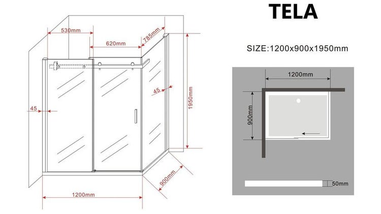 Technische Zeichnung einer Duschkabine mit Maßangaben.