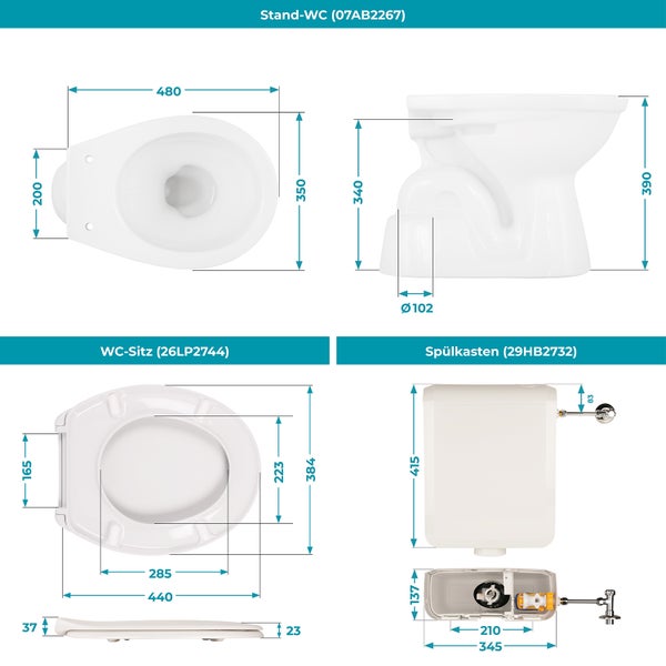 Calmwaters® Stand WC mit senkrechtem Abgang im Set mit Toilettendeckel und Spülkasten, 99000184