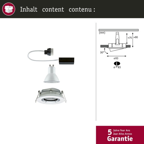 LED Einbauleuchte Nova Plus Einzelleuchte schwenkbar IP65 rund 93mm 30° GU10 7W 460lm 230V dimmbar 2700K Weiß matt, Chrom