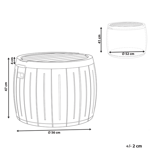 Abmessungen eines Fasses: Höhe 47 cm, Durchmesser oben 52 cm, Durchmesser unten 56 cm.