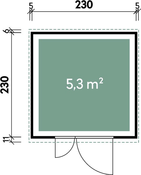 Grundriss eines Gartenhauses mit einer Fläche von 5,3 Quadratmetern und Außenmaßen von 230 mal 230 Zentimetern mit zweiflügeliger Tür.