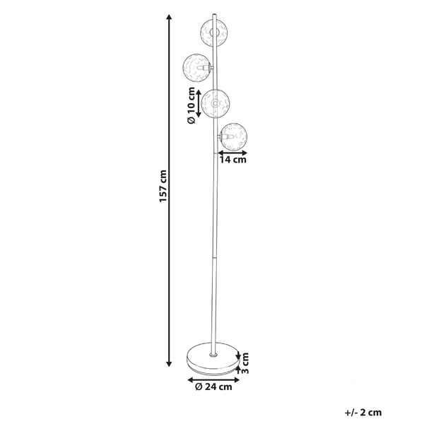 Abmessungen einer Stehlampe: Höhe 157 cm, Lampenschirmdurchmesser 10 cm, Lampenbreite 14 cm, Basisdurchmesser 24 cm
