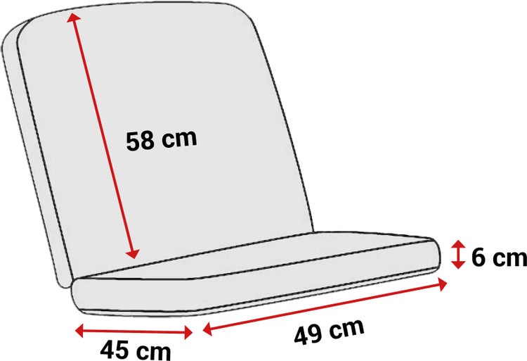 Skizze eines Sitzkissens mit Maßen: Rückenhöhe 58 Zentimeter, Sitzbreite 49 Zentimeter, Sitztiefe 45 Zentimeter, Dicke 6 Zentimeter.