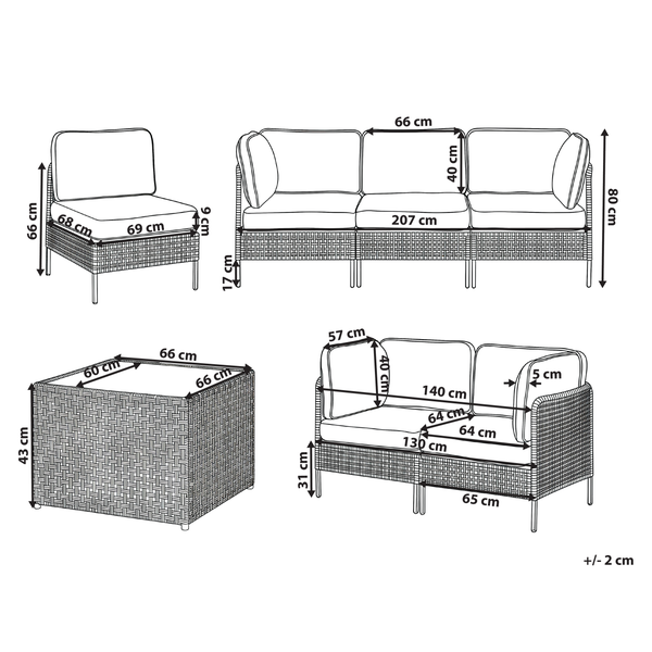 Abmessungen eines Loungesets mit Sessel, Dreisitzer, Eckteil und Tisch